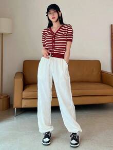 Cárdigan con botones a rayas, blusas de manga corta para verano, ropa de otoño - Rojo y blanco - Ver 5