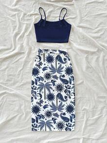 Conjunto informal de vacaciones de 2 piezas con top de tirantes finos de color negro sólido y falda con estampado completo de leopardo y abertura alta en el bajo, adecuado para salir - Multicolor 6 - Ver 2