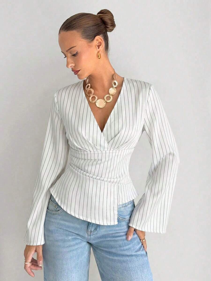 Camisa ajustada de mujer de manga larga con cuello en V a rayas - Blanco - Ver 1