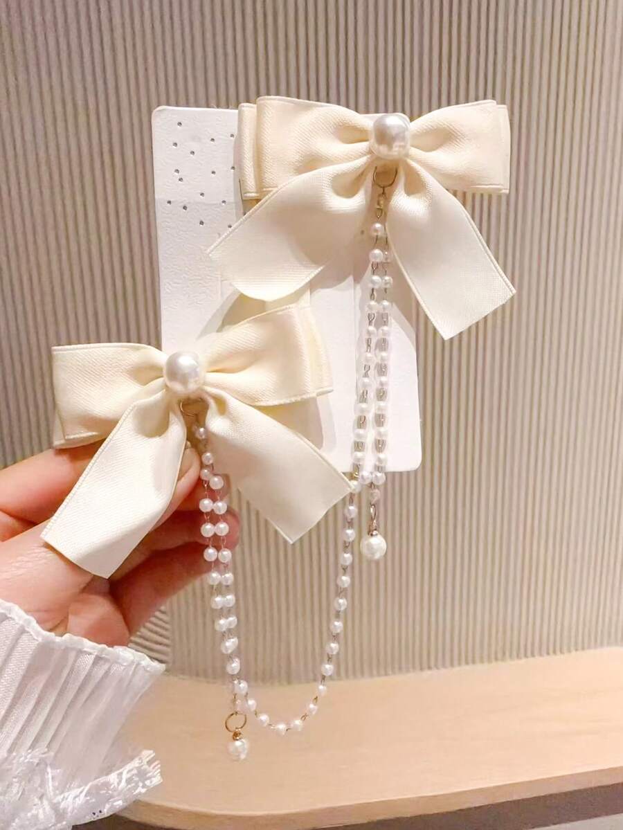 2pcs Soft Pearl Chain Bow Hair Clips French Style Girl Hair Accessories Suitable For Dates And Weddings,Hair Claws - Multicolor - View 1