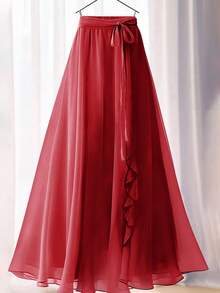 Women Elegant Solid Color Ruffled/Ruched Cinched Waist Dropped Hem High Low Skirt Summer Red - Red - View 4