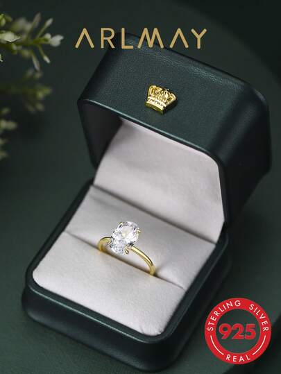 1 pieza Anillo clásico ovalado de 3 quilates, de plata de ley 925 bañado en oro de 14K, con caja de regalo, regalo de aniversario para la novia, alianza de boda, joyería exquisita