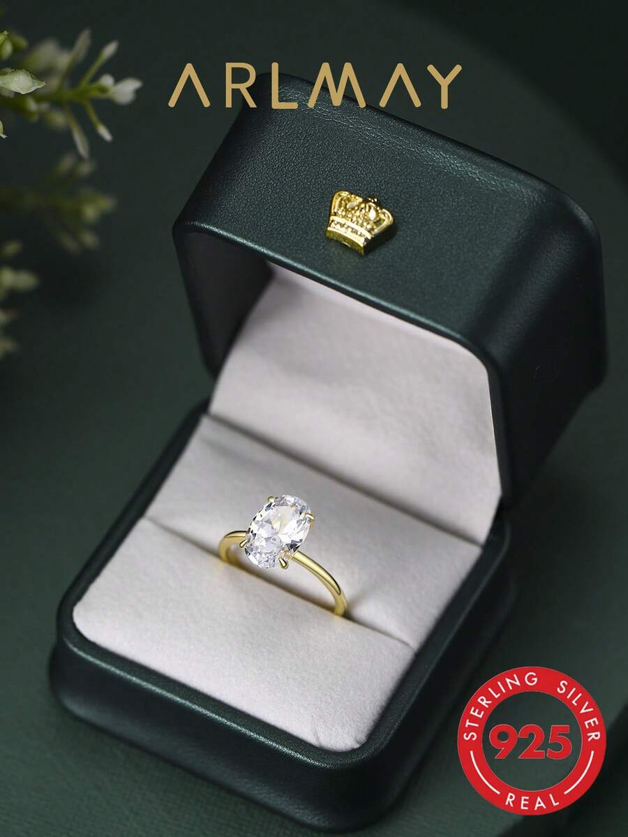 1 chiếc nhẫn hình bầu dục cổ điển bằng bạc sterling 925 mạ vàng 14K, 3 carat, kèm hộp quà, quà tặng kỷ niệm cho bạn gái, nhẫn cưới, trang sức tinh tế. - Vàng - Xem 1