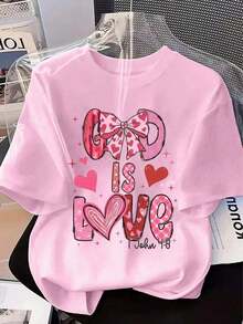 Camiseta de manga corta con estampado de lazo, versátil para uso diario y desplazamientos, de  para mujer, verano. - Rosa - Ver 7