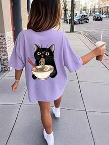 Girls' Fun Cat Print Crew Neck T-Shirt, Summer Top - Màu tím - View 1