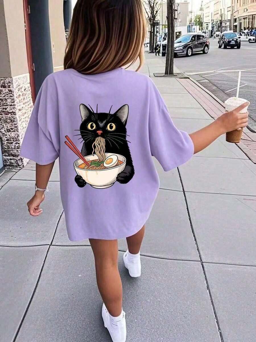 Girls' Fun Cat Print Crew Neck T-Shirt, Summer Top - Màu tím - View 1