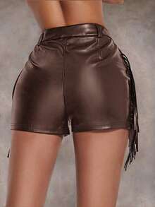 Shorts con fleco lado PU - Marrón - Ver 2