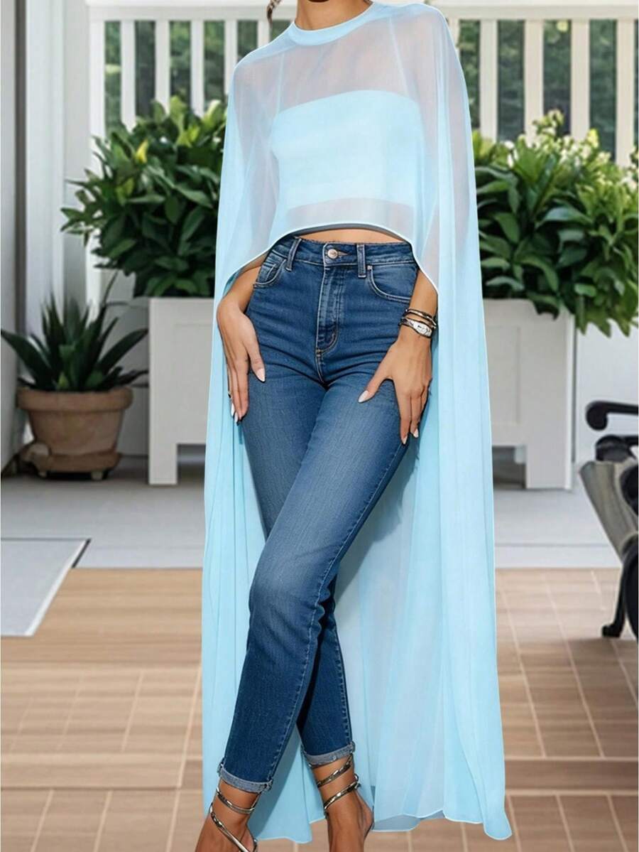Top Corto para Mujer de Malla Transparente Negra, Manga Capa y Cuello Redondo, Borde Irregular para Fiestas de Verano - azul cielo - Ver 1