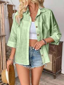Camisa de manga de murciélago de unicolor casual de vacaciones - Verde - Ver 7