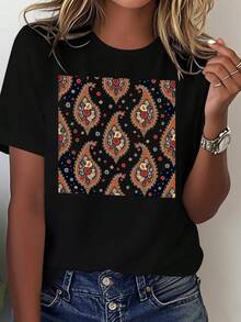 Camiseta Clásica de Algodón Puro con Estampado Paisley para Mujer - Negro - Ver 1