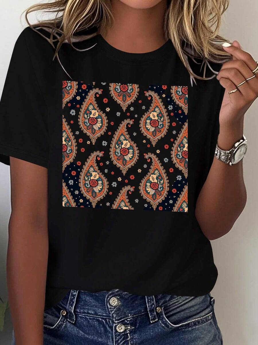 Camiseta Clásica de Algodón Puro con Estampado Paisley para Mujer - Negro - Ver 1
