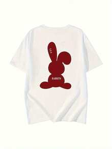 Se envía en 24 horas desde México. Camiseta casual de manga corta con cuello redondo y estampado de conejo rojo, ropa de mujer para primavera y verano. - Blanco - Ver 3