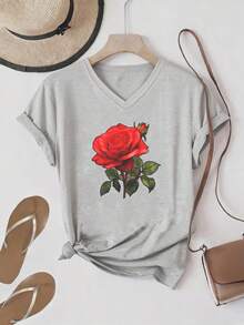 Talla grande - talla extra grande - camiseta de mujer, hecha de algodón puro, tela ligera y transpirable, diseño de cuello redondo, diseño estampado, corte de manga corta, adecuada para primavera y verano. - Gris Claro - Ver 1