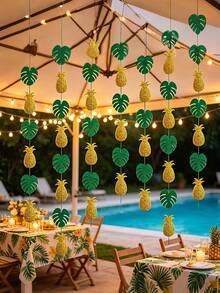 1Set Hawaiian Pineapple Palm Leaves Hanging Gardland,Summer Paper Tropical Leaf Monstera Leaves Decorations,Theme Party Supplies,Suitable For Beach,Pool,Outdoor,Wedding,Birthday,Vocations,For Home,Yards,Bedroom Decor - A - View 4