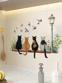 Healing Cat Silhouette Waterproof Oilproof Wall Sticker, 4 Different Floral Patterns, Warm And Healing Atmosphere, Kitchen/Bathroom Tile Renovation Tool, Cute Pet Warm Self-Adhesive Wall Decor Sticker - Wall Stickers - View 7