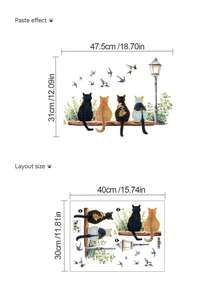 Healing Cat Silhouette Waterproof Oilproof Wall Sticker, 4 Different Floral Patterns, Warm And Healing Atmosphere, Kitchen/Bathroom Tile Renovation Tool, Cute Pet Warm Self-Adhesive Wall Decor Sticker - Wall Stickers - View 6