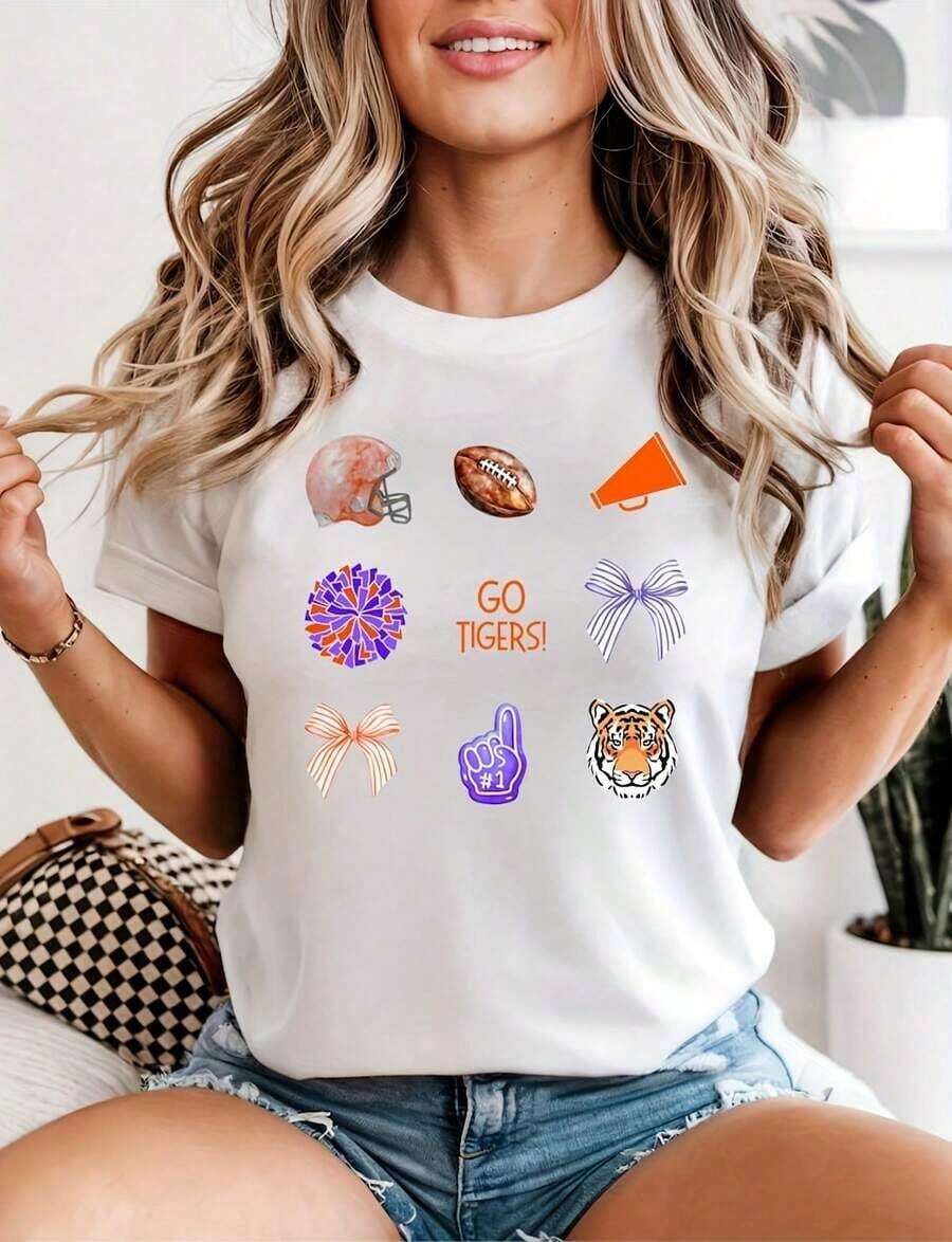 1 camiseta de los Clemson Tigers, camiseta de fanático del fútbol americano de Death Valley, camiseta con lazo, regalo para entusiastas del deporte, camiseta de algodón 100% de peso pesado para el día del juego. Con estampado de mariposas, adecuada para niñas y mujeres, camiseta inspiradora de manga corta y cuello redondo, estilo estético lindo Y2K, top de verano, adecuada para actividades al aire libre, familia, trabajo o uso diario casual en la calle. 180g 100% algodón, los estampados están completamente impresos. Unisexo. - Blanco - Ver 1