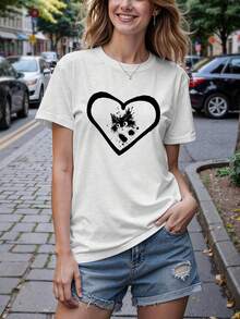 Bonita camiseta con estampado de gato y corazón para mujer, tela de mezcla de algodón suave, camiseta casual de verano holgada para uso diario y más - Rojo - - Ver 10