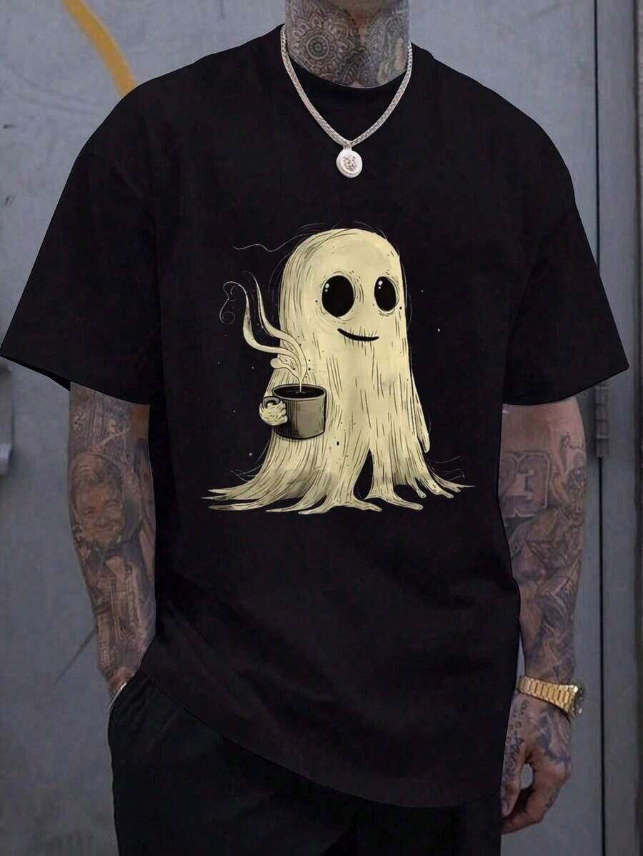 Men's Halloween T-Shirt With Ghost Print - Black - View 1