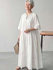 Vestido de mujer con media cartera, decoración de tirantes cruzados, bajo asimétrico, cómodo, con bordado y parches, vestido de verano para mujeres - Negro - Ver 6