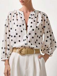 Blusa y cárdigan casual de mujer con botones y lunares - Blanco - Ver 1