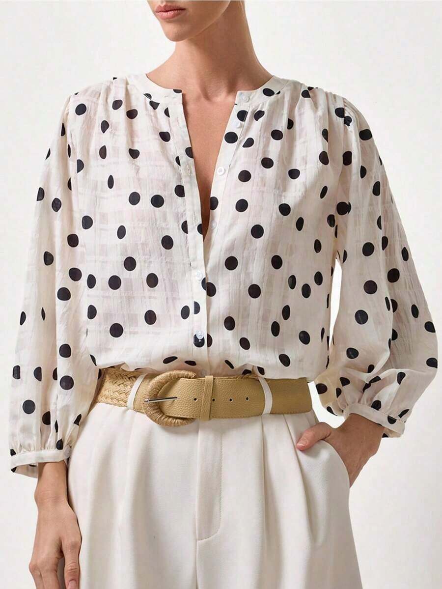 Blusa y cárdigan casual de mujer con botones y lunares - Blanco - Ver 1