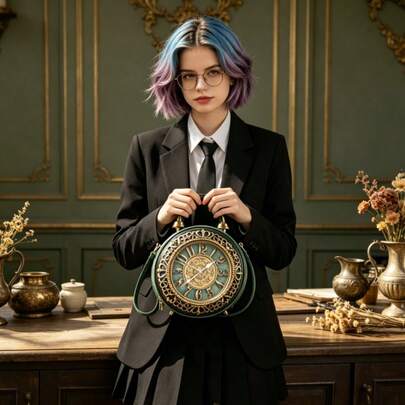 2026 New Antique Bronze Green 3D Embossed Vintage Clock Women's Handbag, Victorian Palace Style Round Crossbody Purse With Adjustable Strap, Zipper Closure Multi-Pocket Large Capacity Durable Polyester Lining Fashion Bag For Commute Dating Party Travel Daily Casual Use