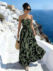Vestido estilo bohemio con estampado de hojas sin tirantes para mujer, vestido fluido con volantes plisados en el bajo, vestido casual de playa, fiesta y vacaciones, elegante vestido bohemio - Verde militar - Ver 12