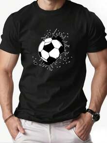 Camiseta de manga corta con cuello redondo y estampado de fútbol para hombre, estilo casual de verano - Negro - Ver 6