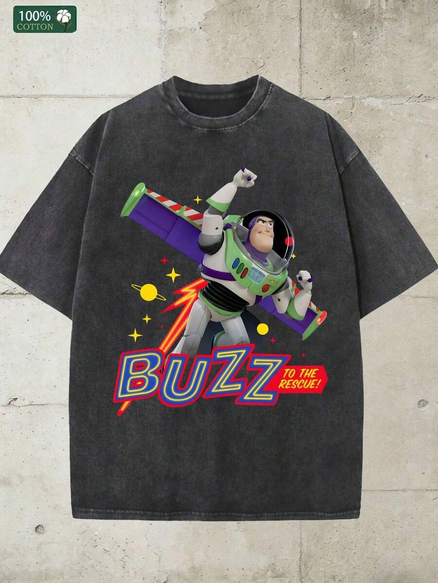 Disney Buzz Lightyear Space Themed Tee, Character & Star Print, Washed Black, Fun & Cool For Toy Story Fans. - Black - View 1