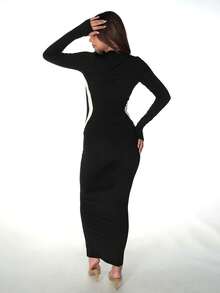 Color Block Splice Bodycon Dress Black Elegant - Black - View 9