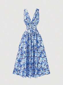 Amore Look For A Wedding Guest: Long Blue Dress With Floral Print, V-Neck, Sleeveless, High Waist And A-Line Silhouette, Perfect For Graduations, Parties, Summer Holidays Or An Elegant Afternoon Tea - 鵝黃色 - 查看 10
