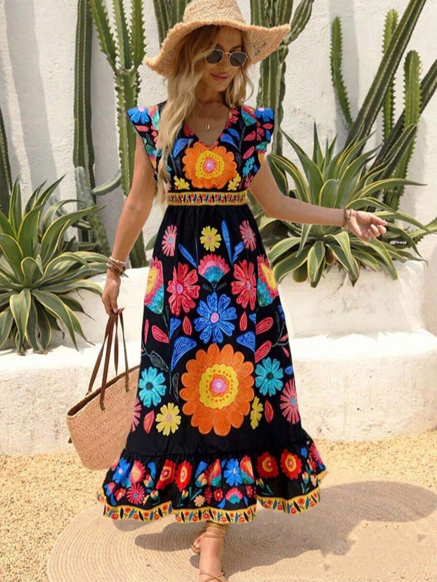 New Autumn Lightweight V-Neck All-Over Cute Leaf & Floral Print Bohemian Casual Pleated Ruffle Hem Waist Splice Maxi Dress, Suitable For Music Festivals, Women's Holidays, Country Music Concerts, Graduation, Parties, Back To School, Teacher's Day, Halloween, Christmas Vacation Summer Elegant - 黑色 2 - 查看 1