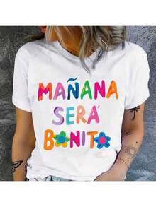 1 pieza de camiseta con estampado de letras, manga corta, cuello redondo, top casual para verano y primavera, ropa de mujer, estampado digital casual, 220g, 100% algodón puro y pesado, camisetas de mujer, 180g, 100% algodón. - Blanco - Ver 1
