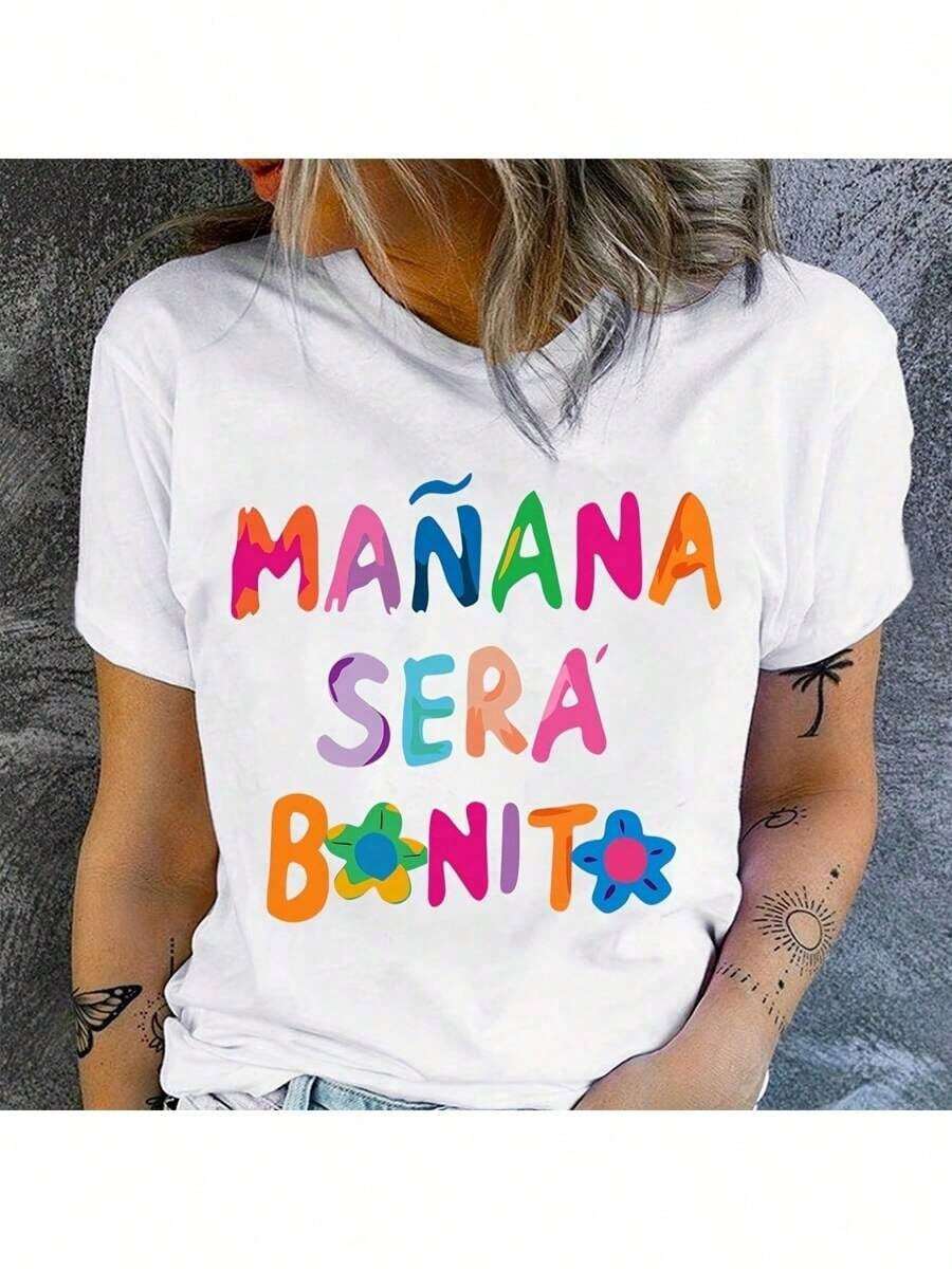 1 pieza de camiseta con estampado de letras, manga corta, cuello redondo, top casual para verano y primavera, ropa de mujer, estampado digital casual, 220g, 100% algodón puro y pesado, camisetas de mujer, 180g, 100% algodón. - Blanco - Ver 1