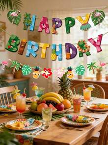 3 sets - Guirlande d'anniversaire de style hawaïen, bannière Joyeux Anniversaire avec flamant rose, feuille de palmier et éléments Aloha, style de fête d'été tropicale. Convient pour la décoration d'anniversaire à thème hawaïen, la célébration d'été à la plage et la décoration suspendue de fête intérieure/extérieure - A - Voir 4