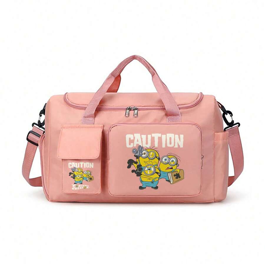Miniso 小黄人健身旅行包 - “CAUTION” 团体印花,粉色运动旅行随身包,适合过夜旅行和健身 - 粉色 - 查看 1
