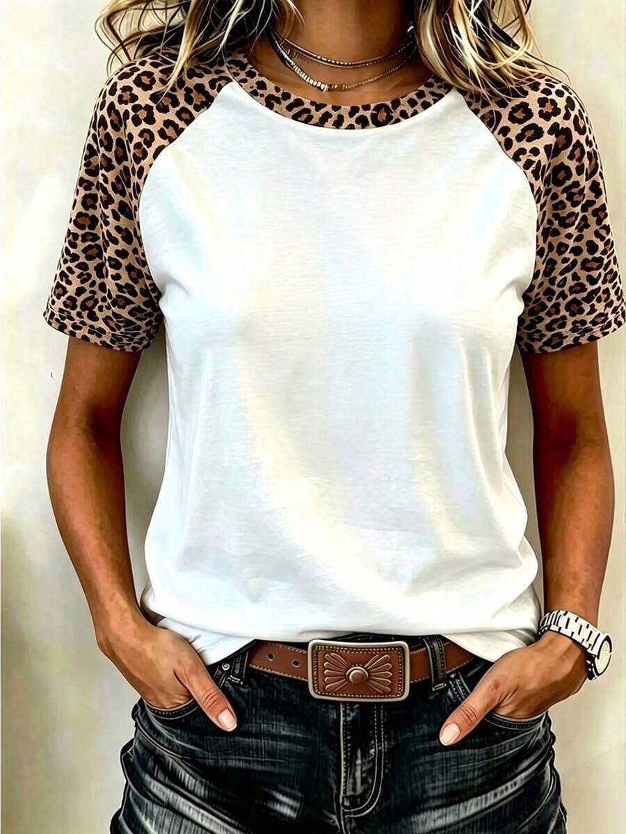 Camiseta de manga raglán de cuello redondo con estampado de leopardo y parches, de estilo casual de verano - Multicolor - Ver 1