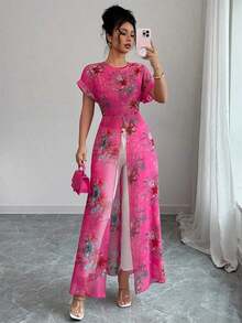 Camisa larga con cuello redondo, manga corta, estampado floral y bajo con abertura para vacaciones para mujer - Multicolor 3 - Ver 7