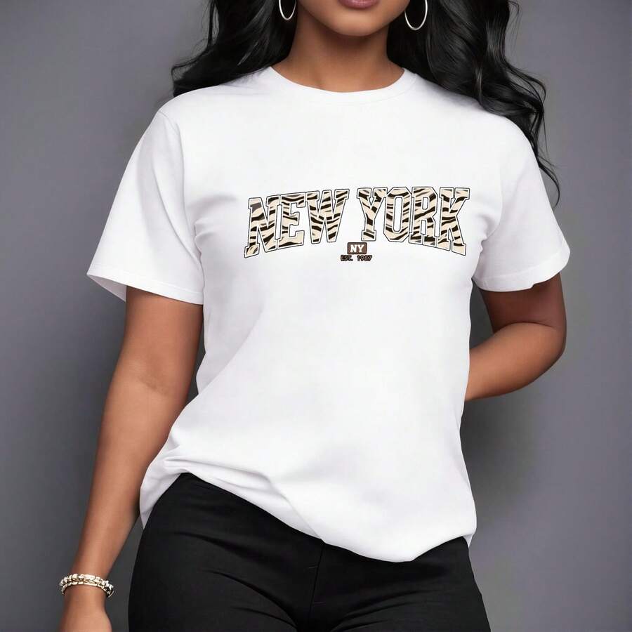 Camisetas de manga corta para mujer Estampado con diseño Diseño de estampado de cebra de Nueva York Sin Arrugas Ropa cómoda para estar en casa |Top básico para mujer - Blanco - Ver 1