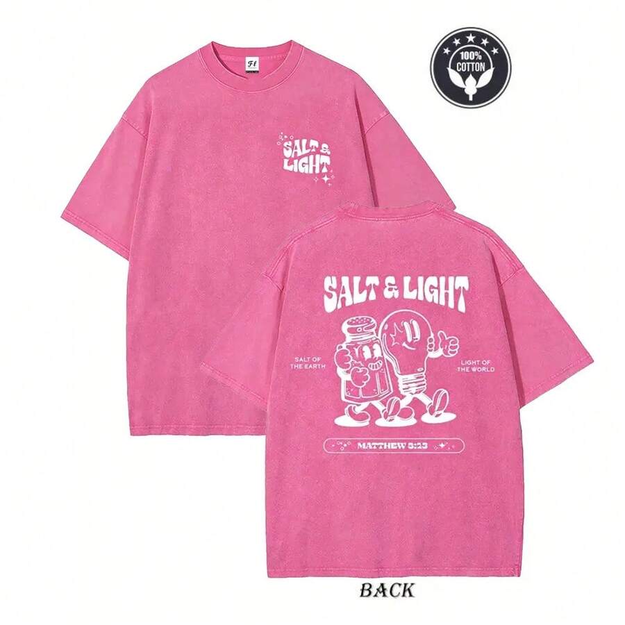Camiseta Gráfica "Sal y Luz" Mateo 5:13, Camiseta Cristiana Retro de Algodón con Versículo Bíblico - Rosa - Ver 1
