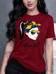 Camiseta casual de moda para mujer con tema de la bandera colombiana y estampado de retrato femenino, top cómodo 001# - [Rojo] - Ver 1