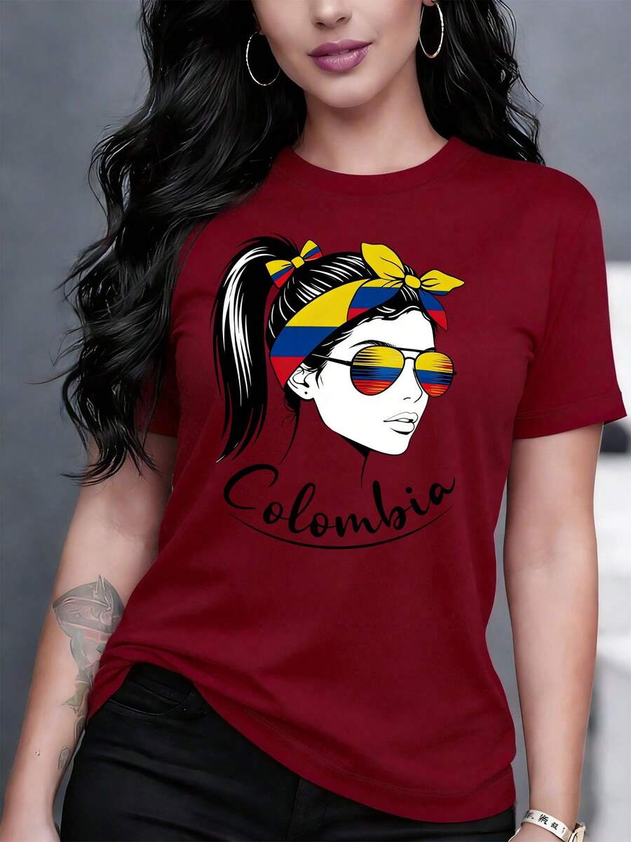 Camiseta casual de moda para mujer con tema de la bandera colombiana y estampado de retrato femenino, top cómodo 001# - [Rojo] - Ver 1