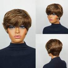 Mixed Brown Color Style Human Hair Wig Short Straight Layered Hair Remy Human Hair Wigs For Women 6inch Machine-Made Rose Net Cap Suitable For Holidays, Parties, Casual Attire, Daily, Valentine's Day, Carnival, Music Festival - 4月27日 - 查看 6