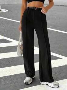 Pantalones de traje de mujer con bolsillos laterales sesgados, líneas de costura visibles para otoño/invierno - Negro 2 - Ver 4