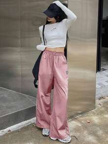Pantalones casuales de mujer con estampado, cintura con cordón y bolsillos - Rosa - Ver 4