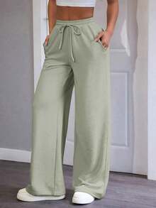 Pantalones de chándal de mujer de punto de unicolor, cómodos y casuales con pierna ancha - verde menta - Ver 4