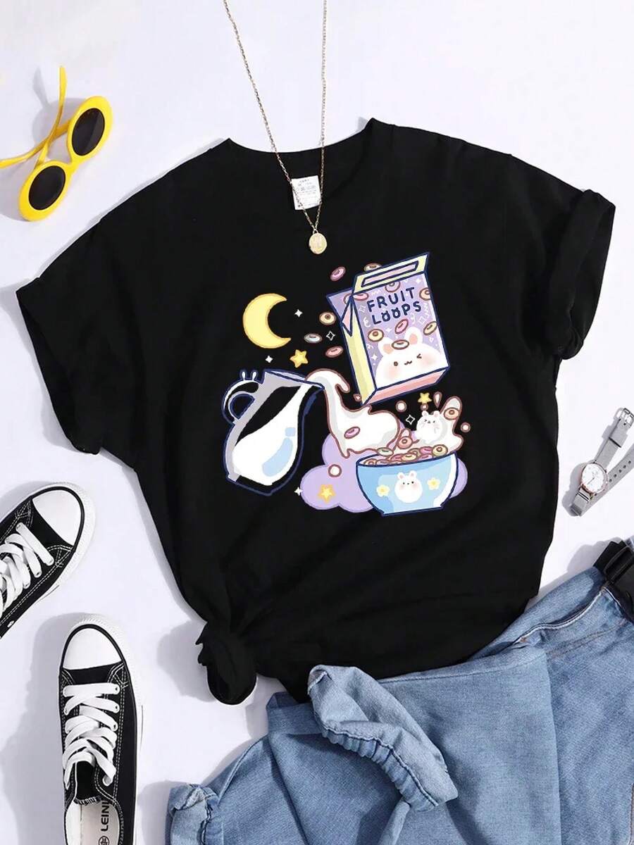 Camiseta de mujer de algodón manga corta casual estampado Fruit Loops moda urbana para verano en México - Negro - Ver 1