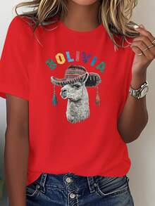 Camiseta cómoda de color sólido para mujer, con un colorido diseño de sombrero andino y alpaca boliviana. - Rojo - Ver 1