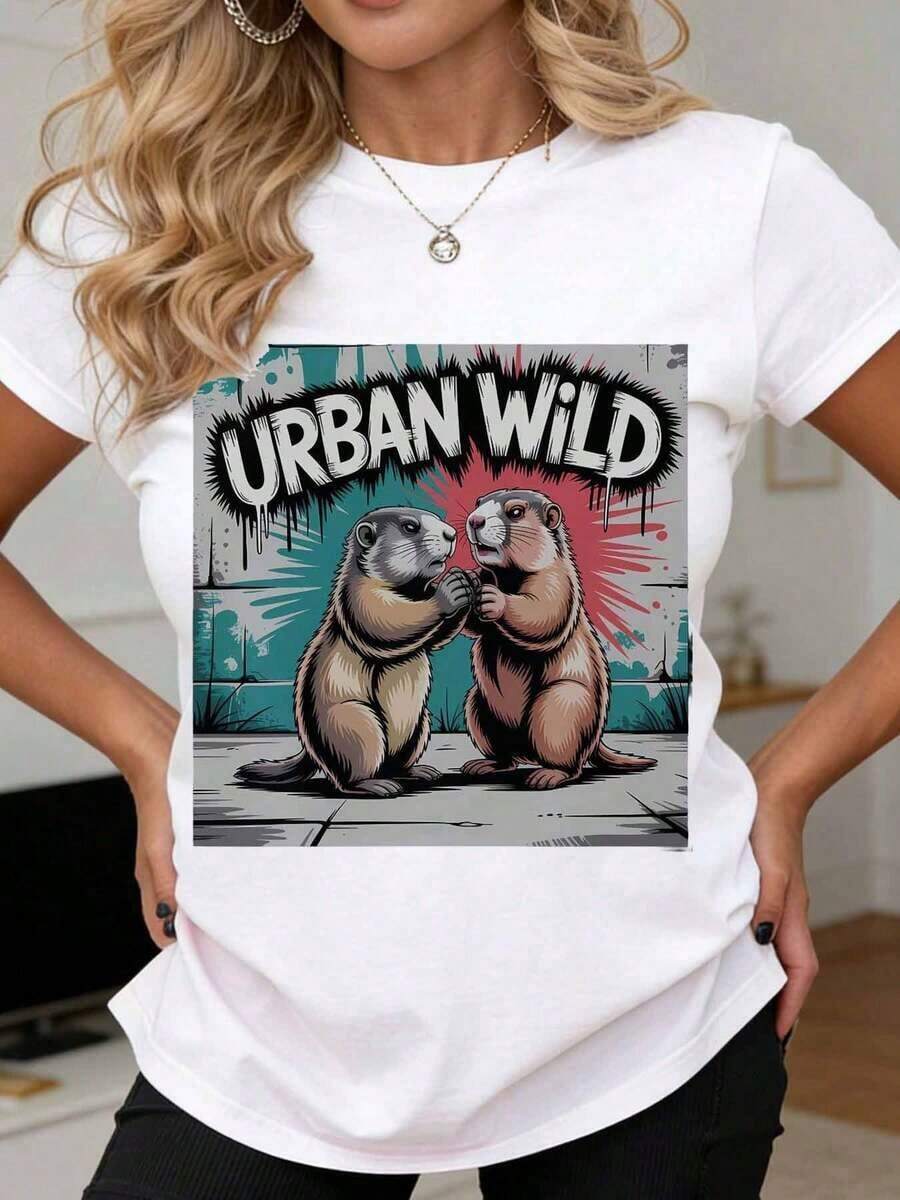 Camiseta Gráfica de Pareja de Marmotas Urban Wild para Mujeres y Hombres con Diseño de Fondo Urbano, Perfecta para Atuendos Casuales y Actividades al Aire Libre, Adecuada para Uso Casual y Deportivo - Blanco - Ver 1